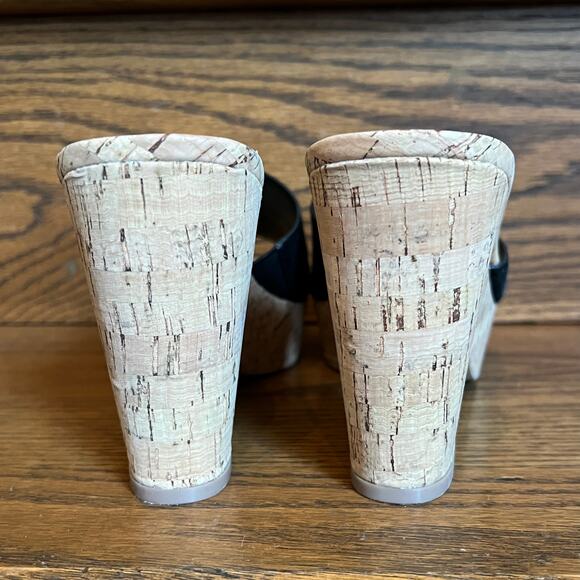 Neiman Marcus Black Suede Cork-Heeled Platform Sandals- SIZE 8M - Picture 11 of 11